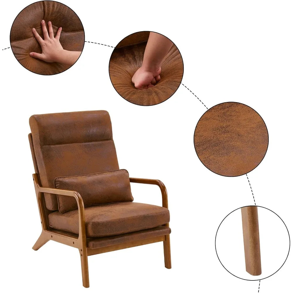 Mid-Century Accent Modern Chair with Pillow High Back Bronzing Cloth Upholstered Lounge Arm Chair with Solid Wood Frame