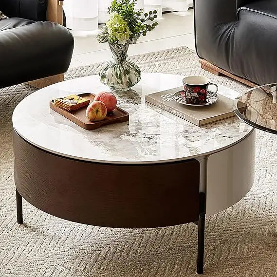 31.5 Inch Round Marble Coffee Table with Walnut Brown Drawers & White Sintered Stone Top, Modern Living Room Center Table Black