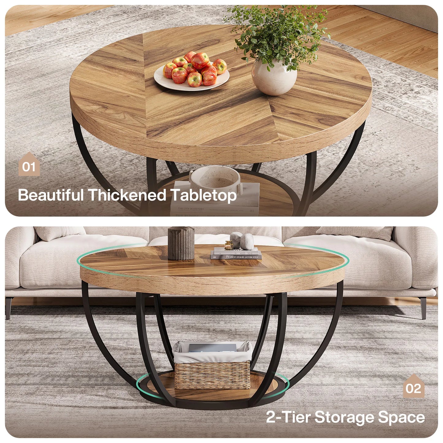 Tribesigns 31.7" Round Coffee Table, Industrial 2-Tier Circle Coffee Table with Storage Shelves, Modern Wooden Accent Center Tab