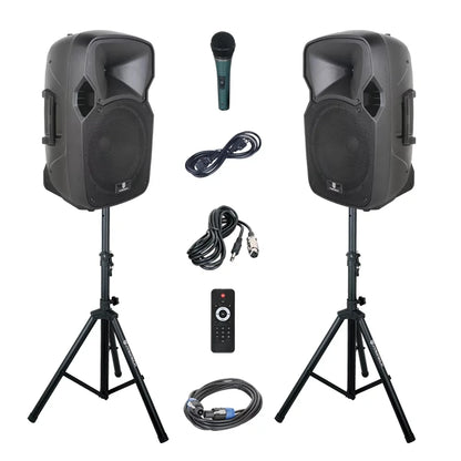 PRORECK PARTY 12 Portable 12-Inch Woofer 2-Way Powered PA Speaker System Combo Set with Bluetooth/USB/SD Card Reader/FM Radio/Re