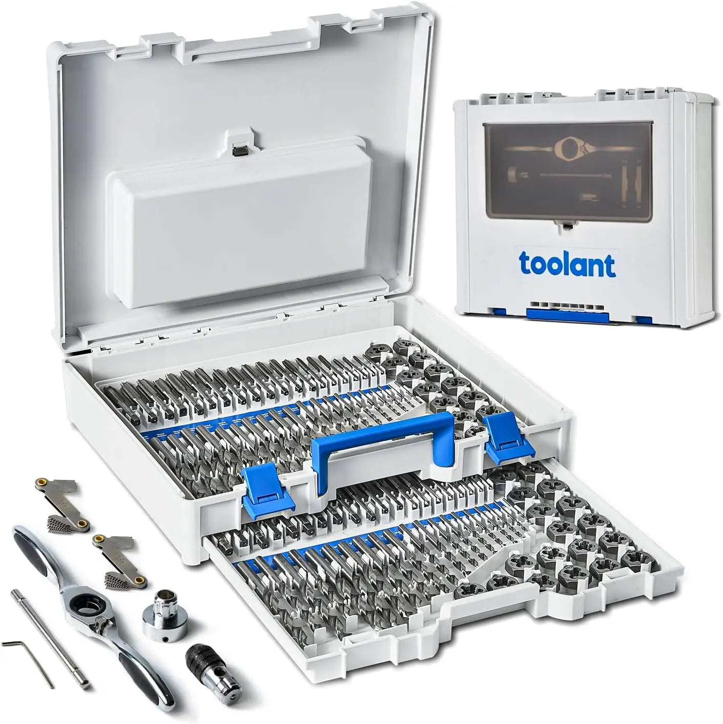 127 Piece Ratcheting Tap and Die Set, SAE/Metric Tap and Die Set with Assortment Drill Bit for Threading, Double-Layer Tool Box
