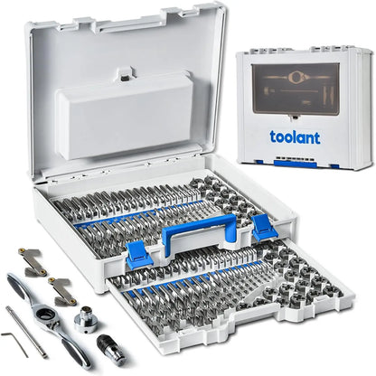 127 Piece Ratcheting Tap and Die Set, SAE/Metric Tap and Die Set with Assortment Drill Bit for Threading, Double-Layer Tool Box