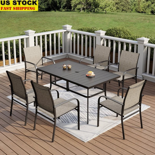 7-Piece Outdoor Dining Set with 6 Textilene Chairs and Metal Steel Rectangle Table Patio BBQ Gatherings