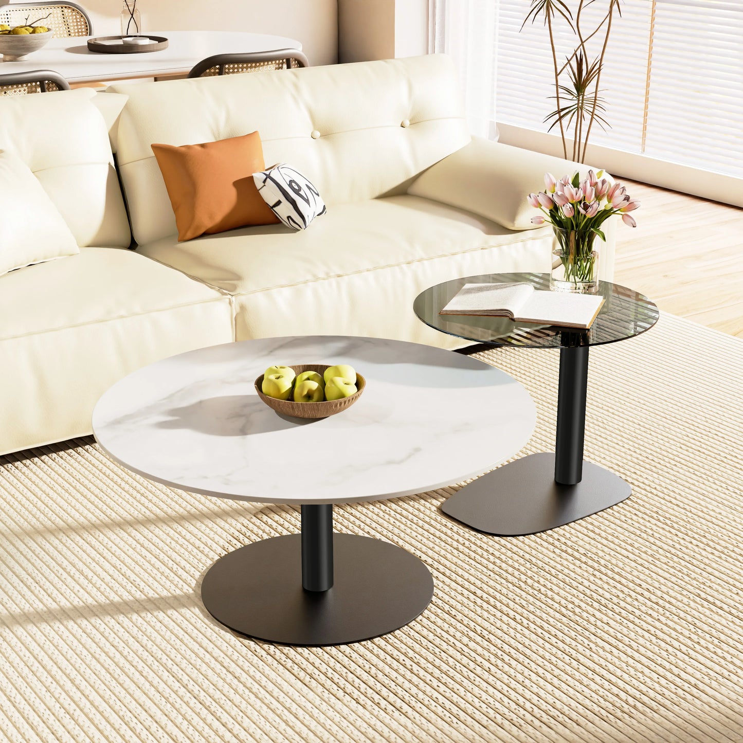 2x Modern Coffee Table Set Round Nesting Table Beech Wood/Sintered Stone + Glass