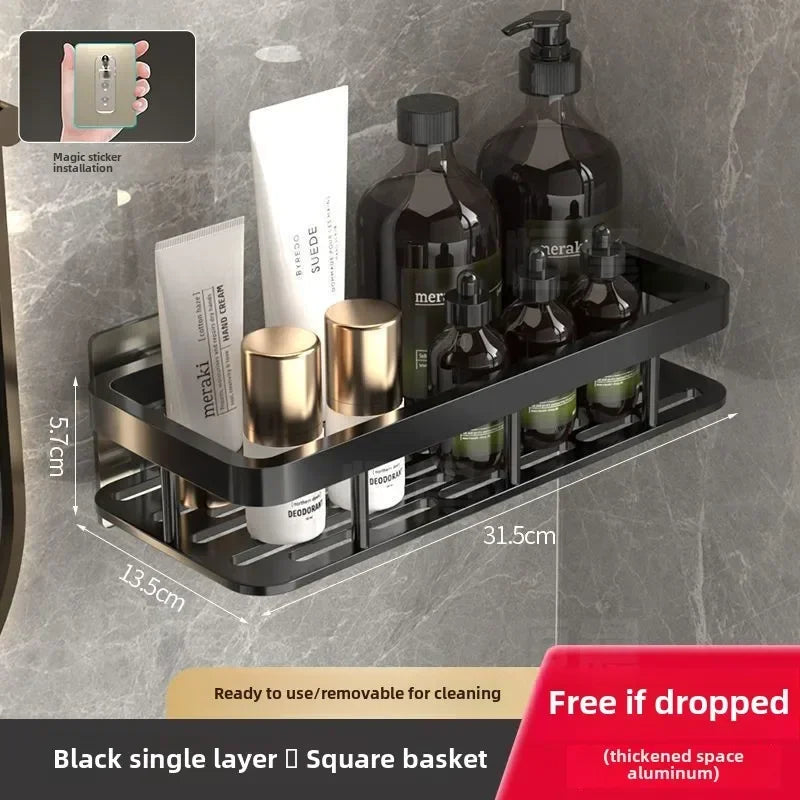 1pcs Black Bathroom Shelves Rust-Proof Wall-mounted Non-punching Storage RackToilet Bath Washbasin Wall  Bathroom Racks