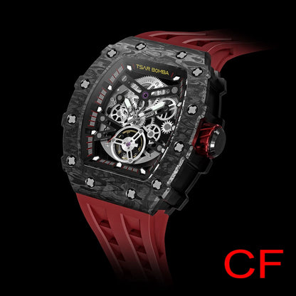 TSAR BOMBA Mens Automatic Watch Diamond Mechanical Wristwatch Waterproof Carbon Fiber Clock Fashion Skeleton Watch for Men