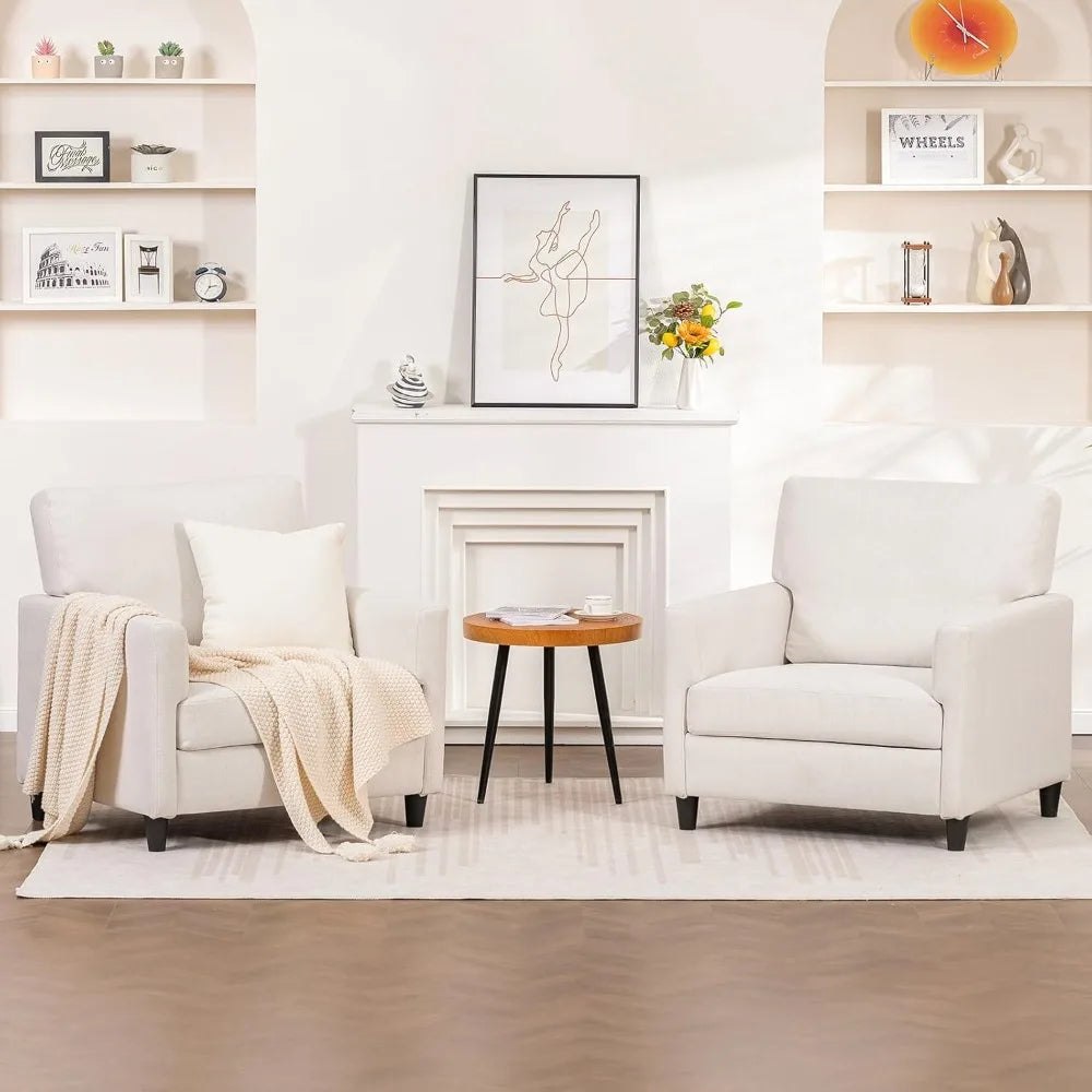 Mid-Century Accent Chair, Modern Upholstered Linen Fabric Chair with Thick Cushion & Solid Legs, Comfy Single Sofa Armchair