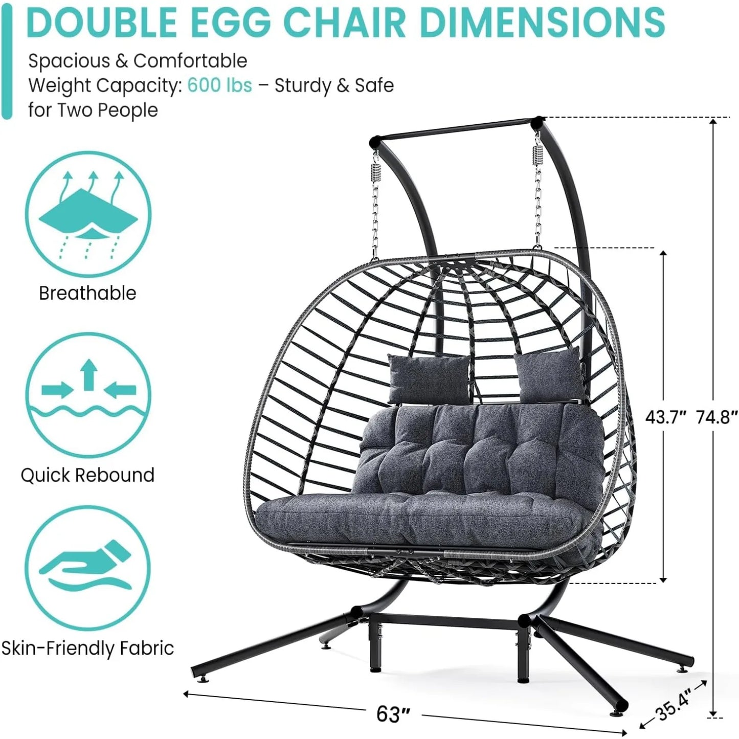 Double Egg Swing Chair with Stand, Outdoor Patio 2 Person Hanging Wicker Hammock Chairs with Cushion for Indoor Bedroom,