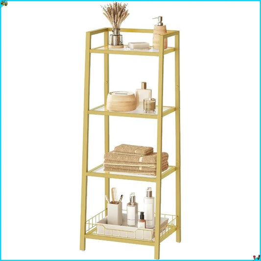 Floor Standing Gold Glass Shelf 4-Tier - Waterproof Rack for Bathroom & Decor Organization