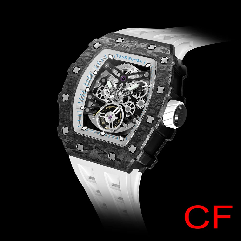 TSAR BOMBA 2022 Luxury Mens Automatic Watch Waterproof Carbon Fiber Clock Tonneau Skeleton Mechanical Wrist Watch for Men