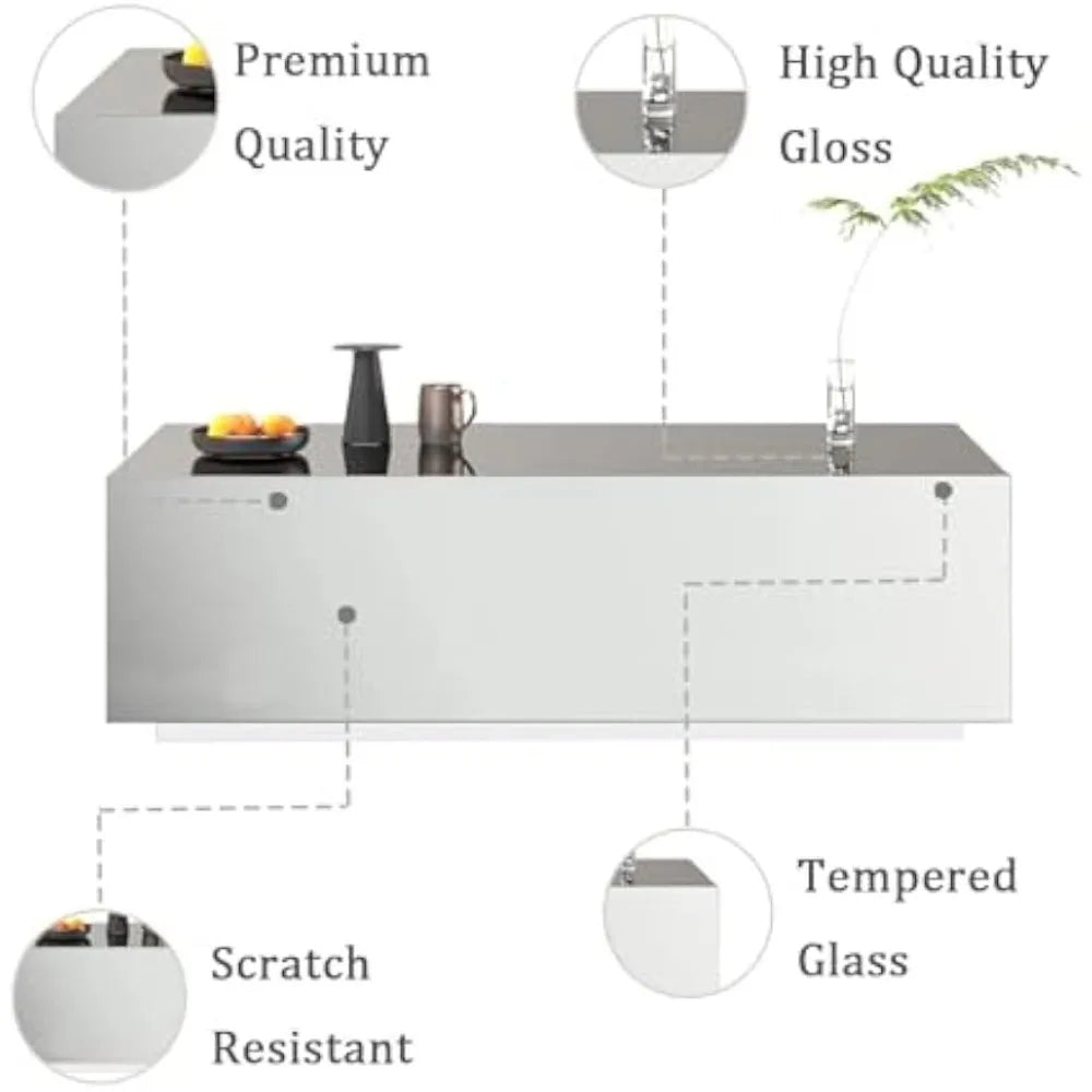 Mirrored Coffee Table for Living Room, 47.2” Modern Glass Coffee Table with Tempered Glass Top, Rectangular Center Table Premium