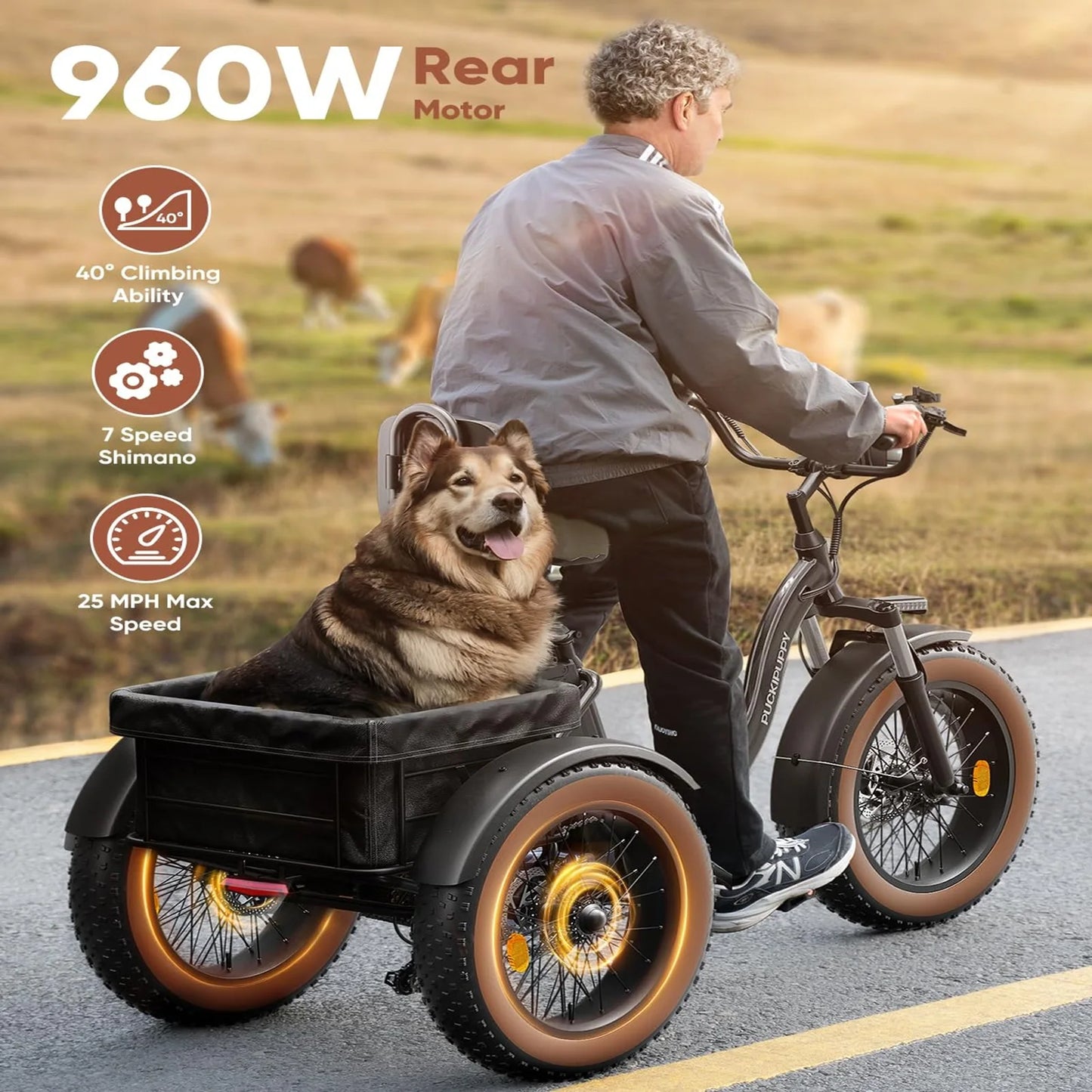 PUCKIPUPPY Electric Tricycle for Adults 20" Fat Tire 3 Wheel Electric Trike with 960W Rear Motor Cargo Tricycle Ebike
