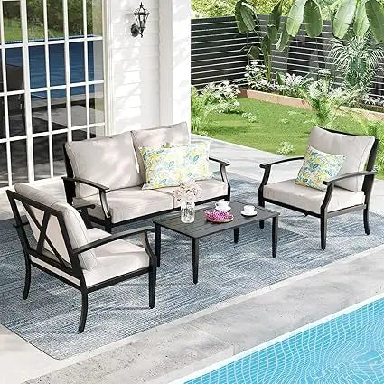 4-Piece Patio Furniture Set, Wider Outdoor Metal Seating Sofa with High Back & Loveseat, Coffee Table, All Weather Metal Convers
