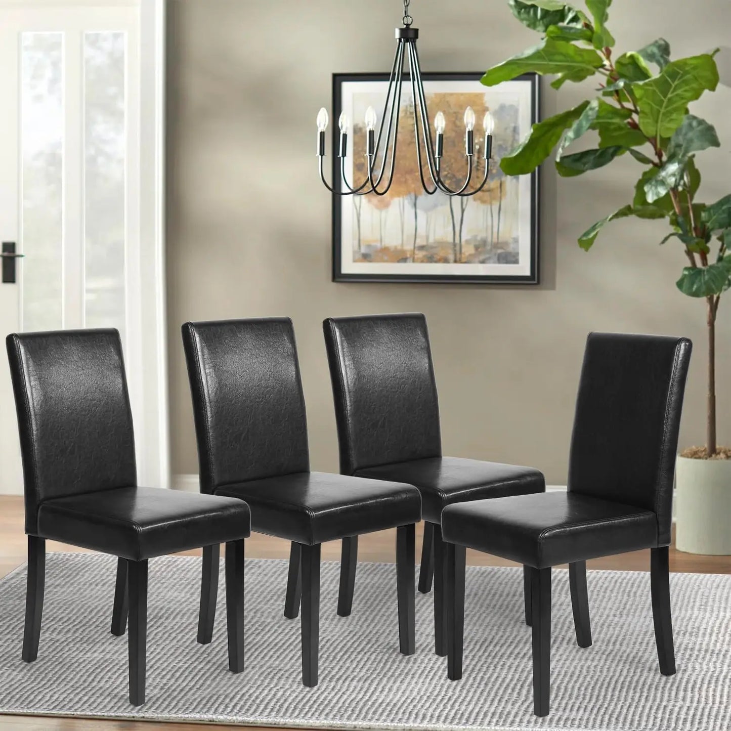 Dining Chairs Set of 4,Dining Room Chairs,Side PU Cushion Chairs with Waterproof Surface and Wood Legs Leather Black