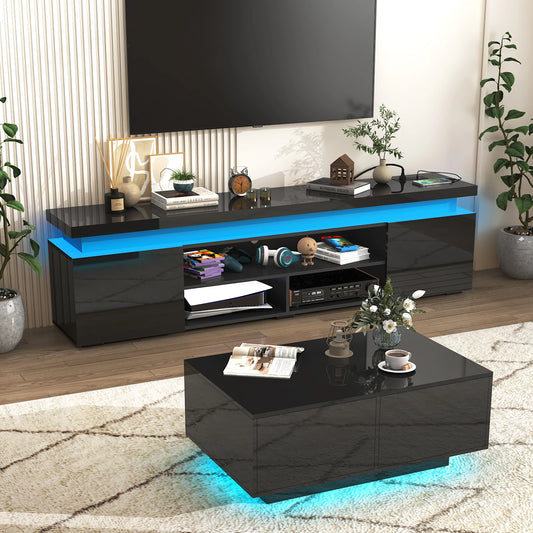 74'' LED TV Stand for Televisions up to 65'' Modern TV Cabinet with Power Outlet, High Gloss Entertainment Center with Storage