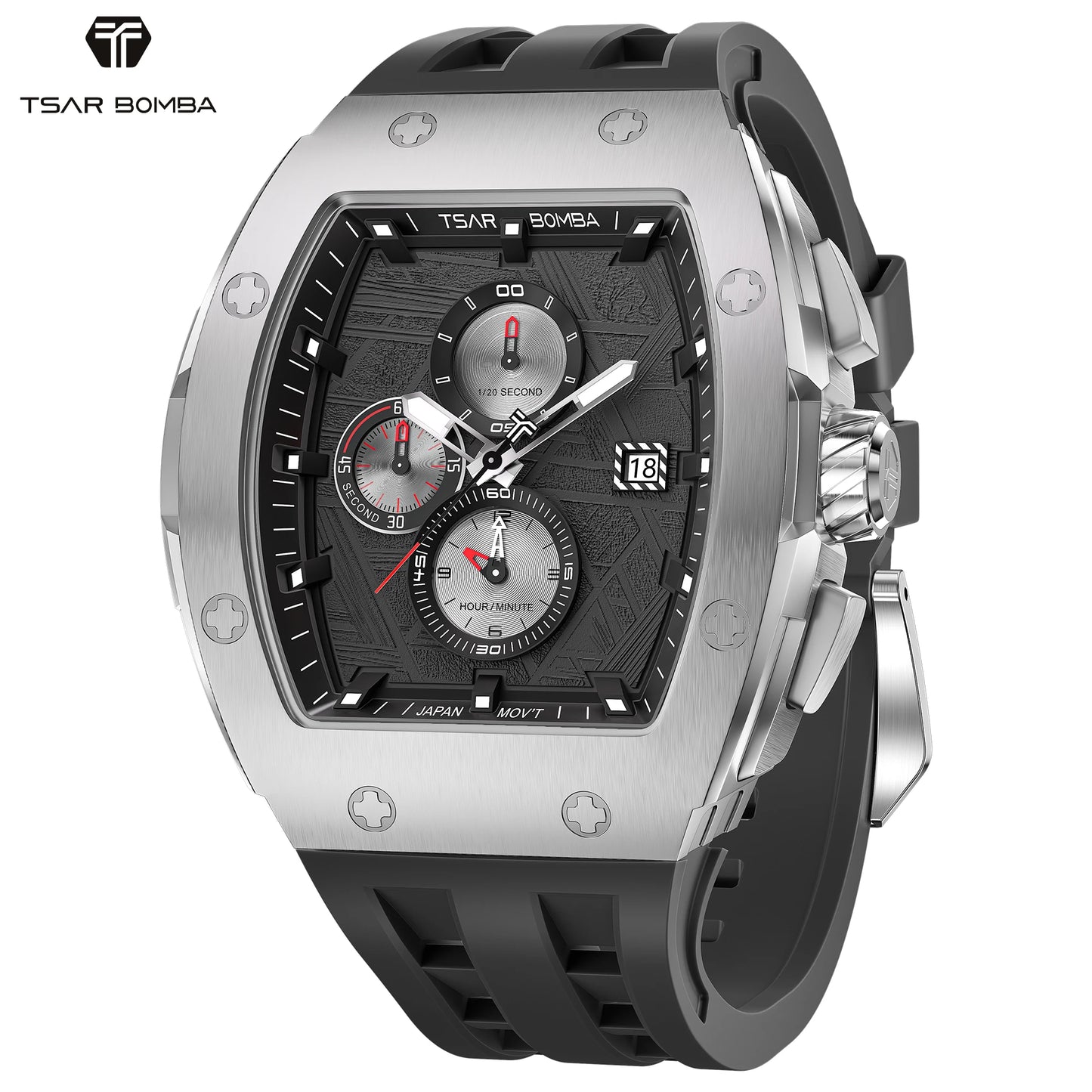 TSAR BOMBA Men’s Quartz Watch, Stainless Steel Case, Japanese Movement, Chronograph Date, Sapphire Crystal, 50M Water Resistant