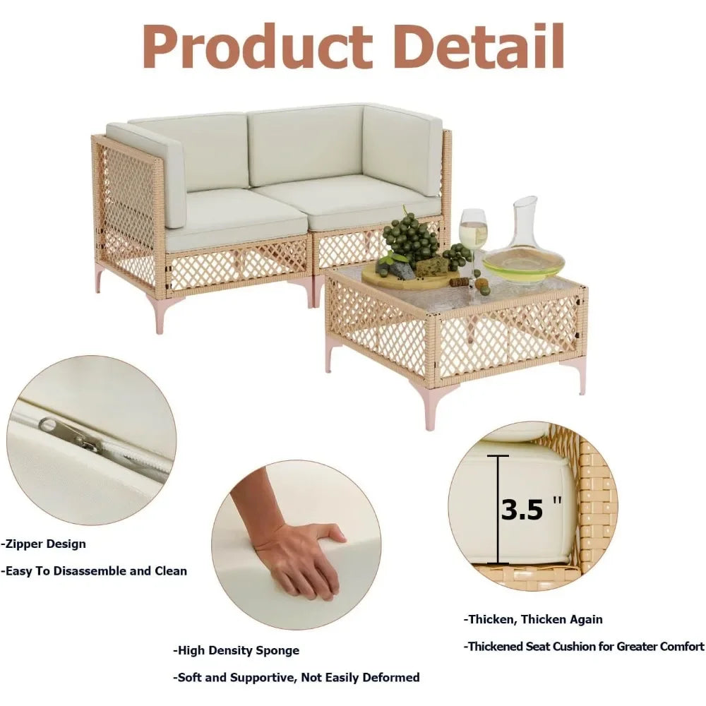 3 Piece Patio Furniture Set，All-Weather Wicker Outdoor Patio Furniture Set，Bohemia Outdoor Sectional Sofa with Thick Cushions