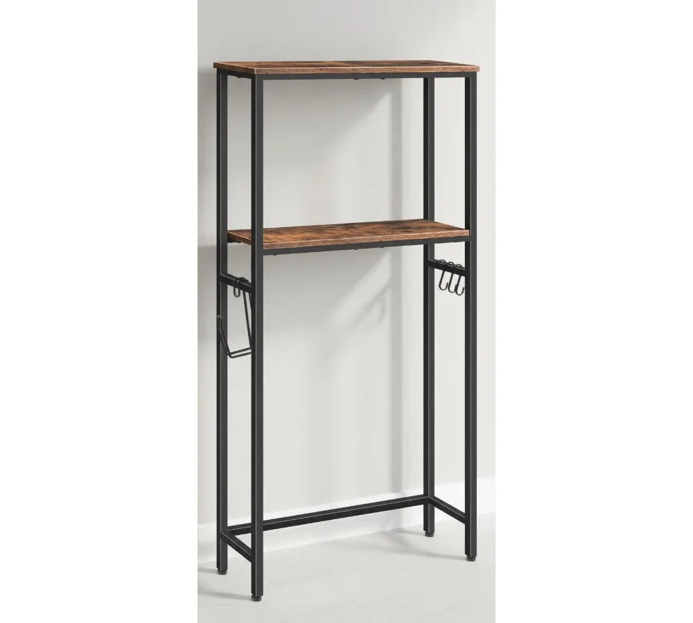 2-Tier Over Toilet Storage Shelf with Paper Holder & Hooks, Rustic Brown Bathroom Organizer Space Saver for Small Rooms