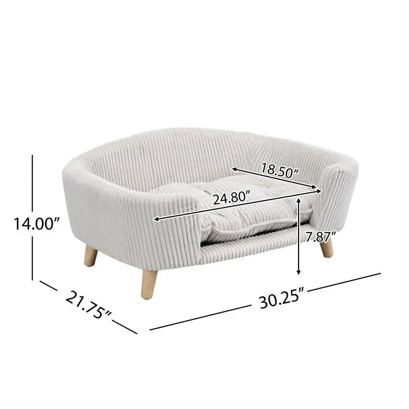 Elevated Dog Bed Frame for Small Dogs, Corduroy Pet Couch with Rubber Wood Legs and Supportive Foam, Easy Assembly, Beige