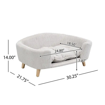 Elevated Dog Bed Frame for Small Dogs, Corduroy Pet Couch with Rubber Wood Legs and Supportive Foam, Easy Assembly, Beige