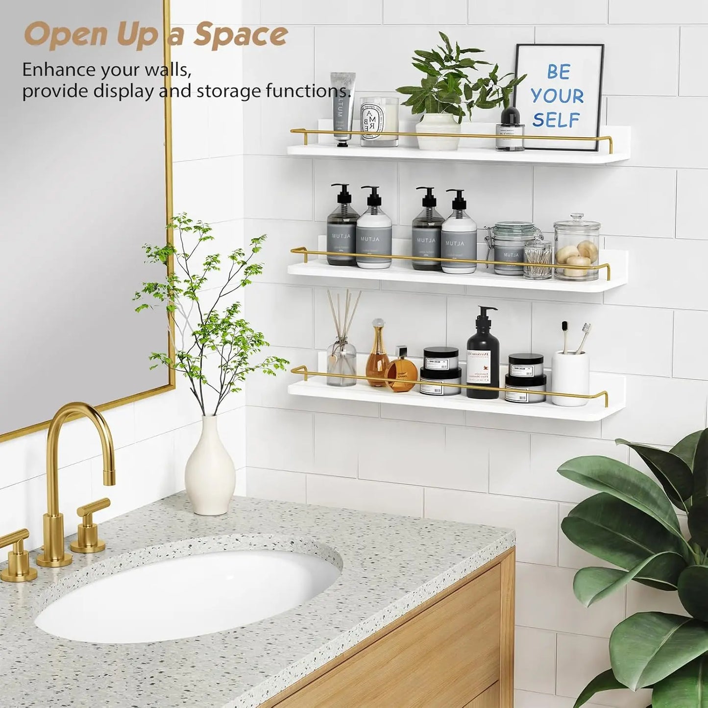 24Inch Gold Floating Shelves Set of 3, Modern Bathroom Wall Shelves Over Toilet Storage with Mounting Rail