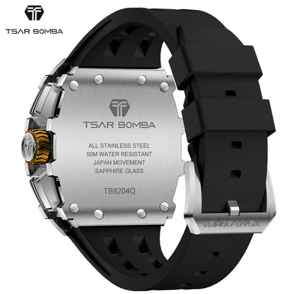 TSAR BOMBA Luxury Tonneau Quartz Watch for Men Japanese Movement, Stainless Steel Case,  Elegant Dress Wristwatch