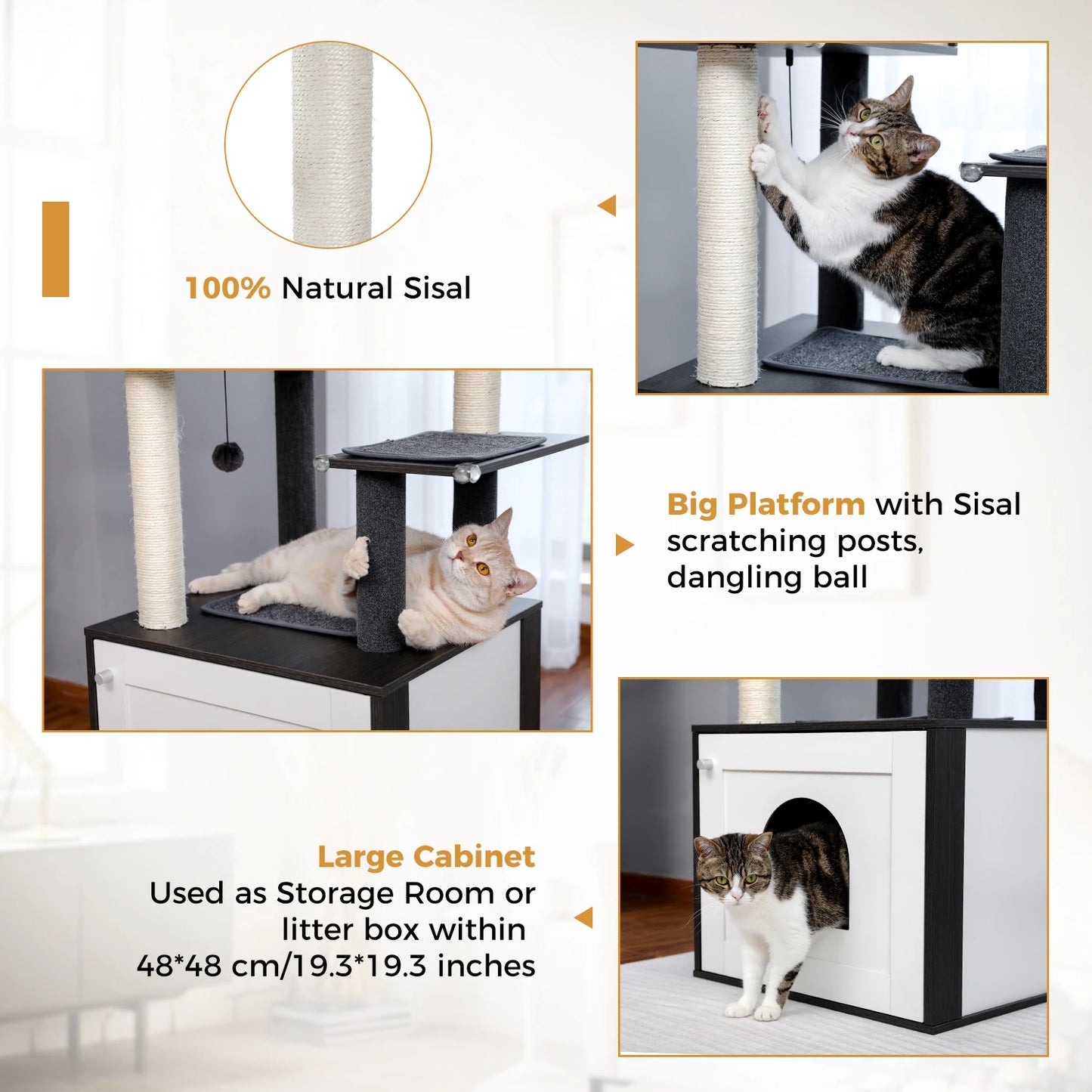 Cat Tree Tower Litter Box Wood Structure Storage with Hammock,Comfy Condo,Anti-Slip Mat,Large Cabinet,Big Platform,Sisal Posts