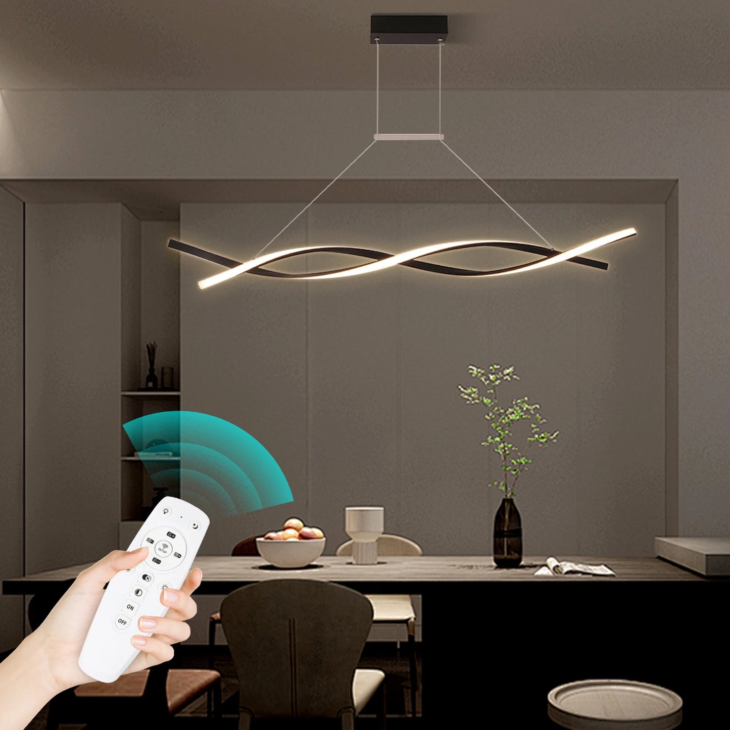 Modern Pendant Light with Remote Control, Black Curved Lines Pendant Light Three Lighting Modes, Pendant Light for Bedrooms