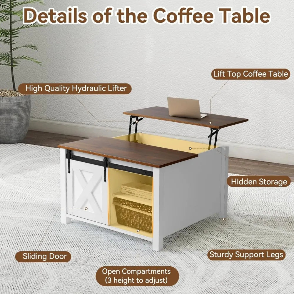 31.5" Square Coffee Table, White Lift Top Coffee Table for Living Room, Morden Farmhouse Coffee Tables with Hidden Storage for S