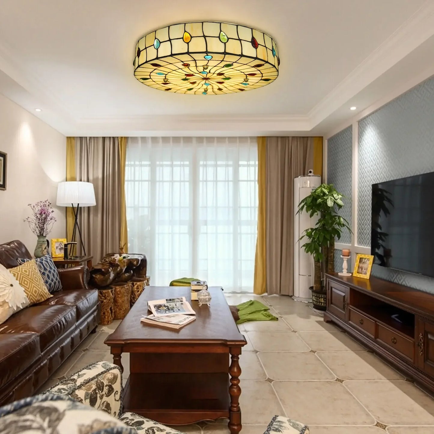 Tiffany Style Semi Flush Ceiling Lamp 3 Bulb Capacity E26 Socket Handmade Stained Glass Shade for Home Decoration Lighting