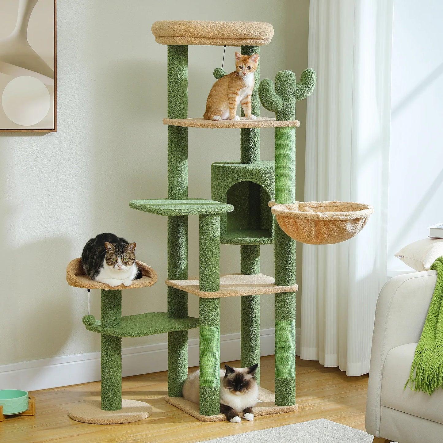 Multi-Level Cat Tree with Scratching Post Hammock Large Perches Hanging Balls Tall Cat Tower for Indoor Spacious Cat Condo House