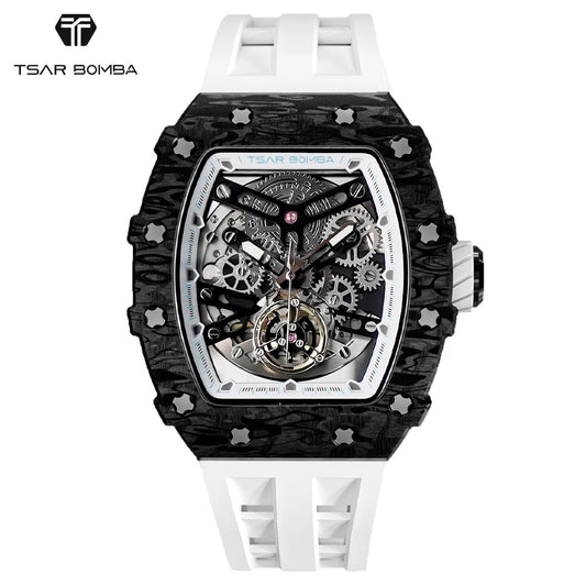 TSAR BOMBA 2022 Luxury Mens Automatic Watch Waterproof Carbon Fiber Clock Tonneau Skeleton Mechanical Wrist Watch for Men