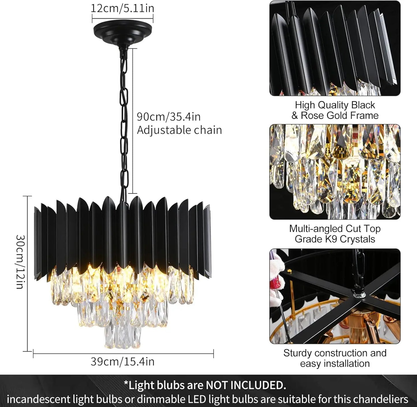 Modern Crystal Chandeliers 3-Tier K9 Round Crystal Chandeliers Light Fixture Small Black Ceiling Light Fixture for Dining Room
