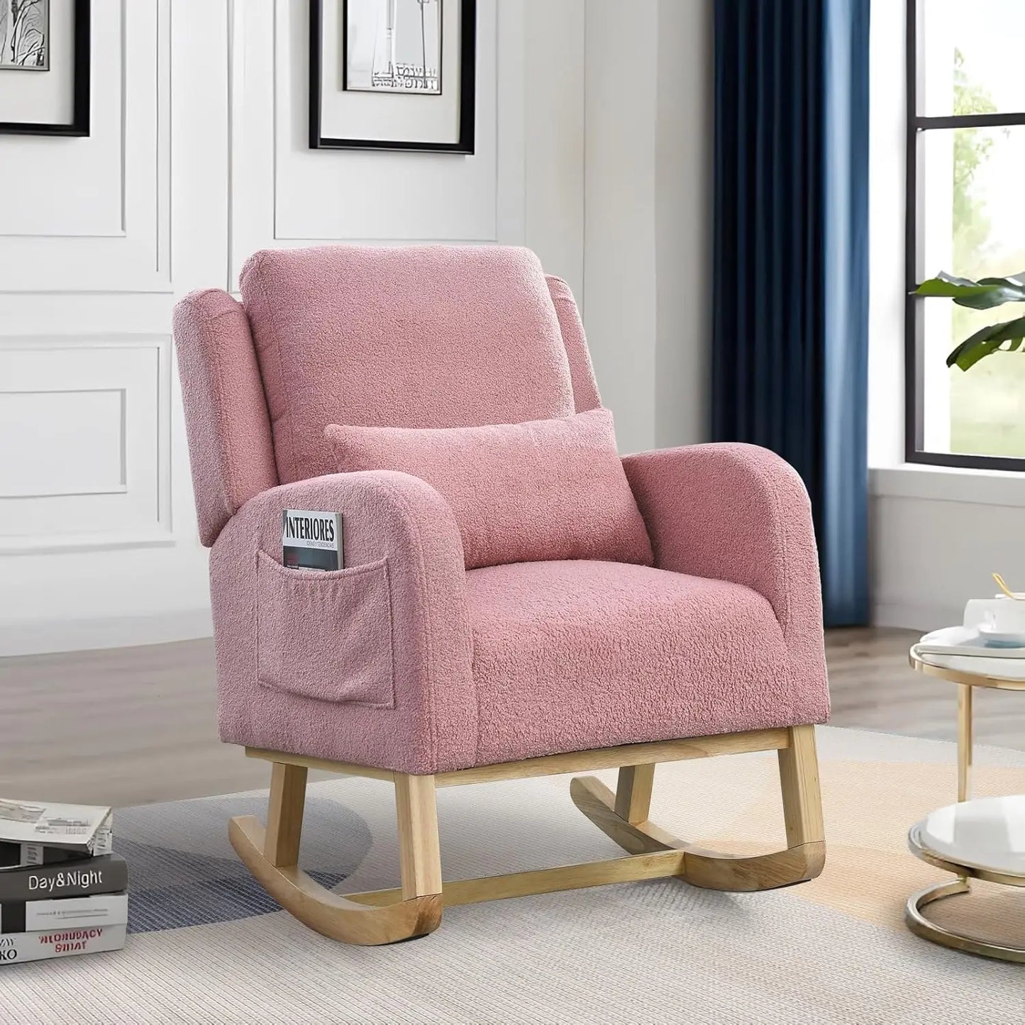 Rocking Glider Chair for Nursery, Wingback Accent Rocker Chair Upholstered Tall Back Arm Chair w/Side Pockets, Modern Leisure