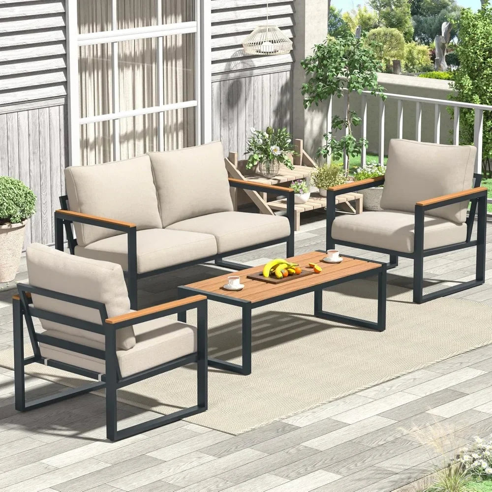 4-Piece Metal Patio Set with Coffee Table & Washable Cushions, Outdoor Conversation Furniture