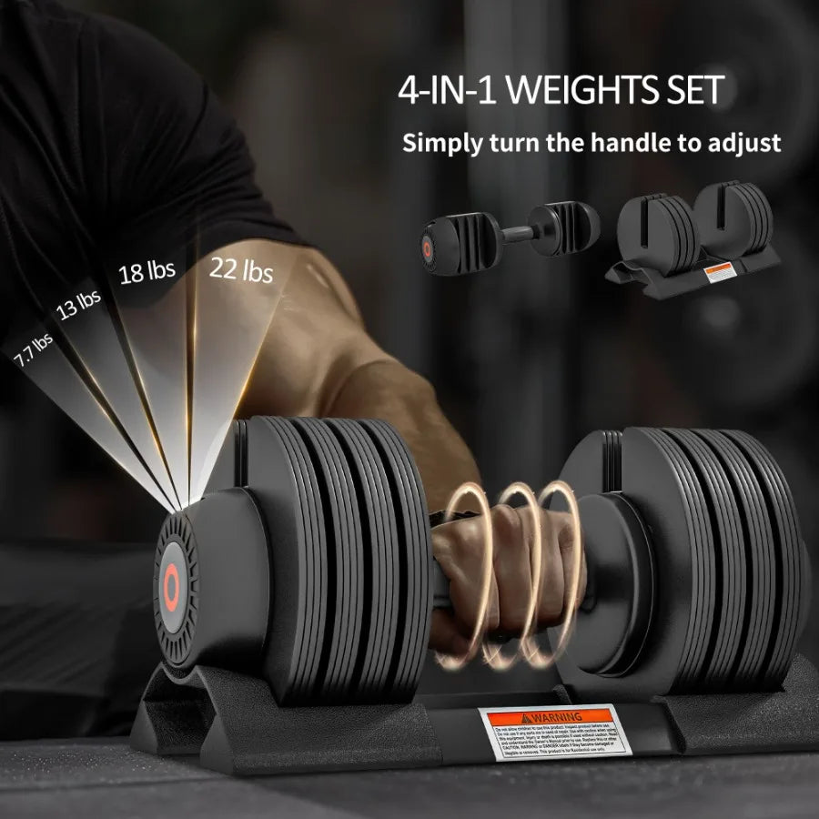 4-Level Adjustable Dumbbells 2 x 22lbs Rubber Weights Exercise Fitness Dumbbell Set with Non-Slip Handles and Tray for Men Wome