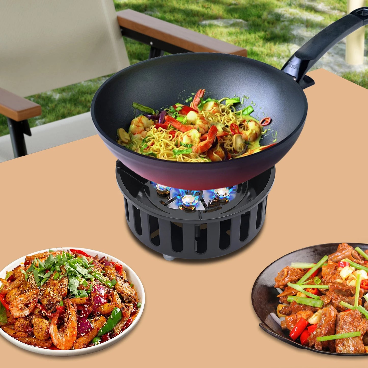 Portable Camping Stove Outdoor Burner Stove with 3 Adapters Compatible With 8.46-9.06-Inch Pots for Travel, Camping, Picnic