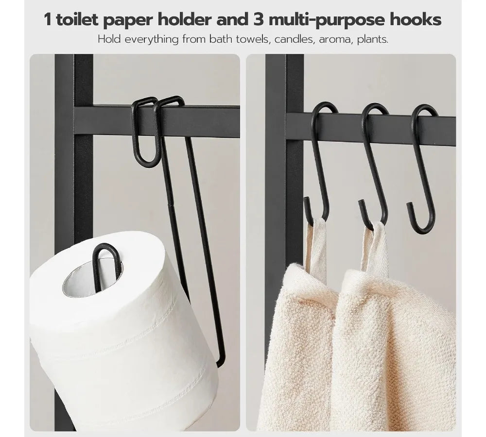 2-Tier Over Toilet Storage Shelf with Paper Holder & Hooks, Rustic Brown Bathroom Organizer Space Saver for Small Rooms