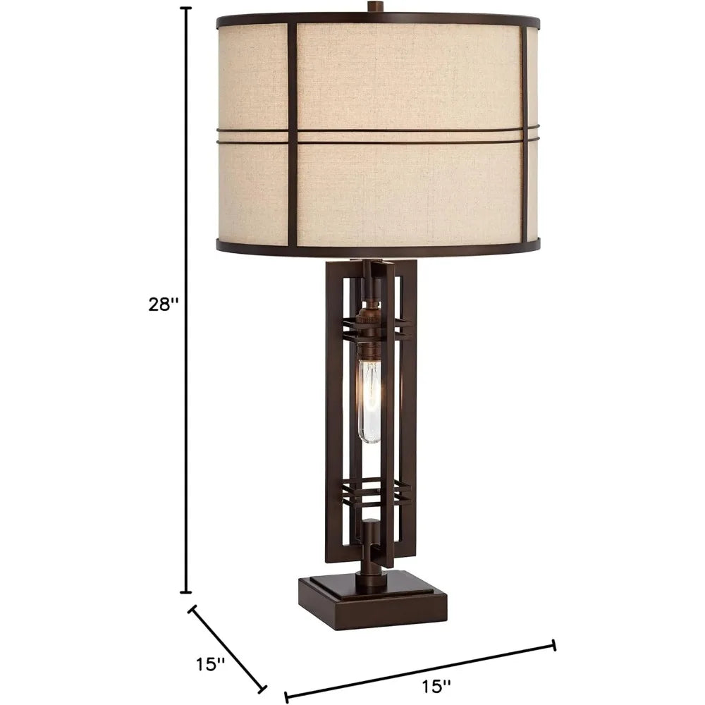 Elias Industrial Rustic Table Lamp with Port Nightlight 28" Tall Oil-Rubbed Bronze Metal Oatmeal Fabric Drum Shade Living Room