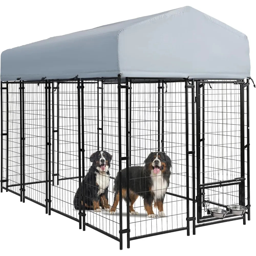 8x4x6 FT Outside Large Dog Kennel with roof - Outdoor Heavy Duty Welded Wire Steel Dog Playpen with Rotating Bowls, Dog Run Encl