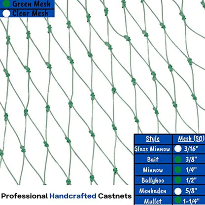 Minnow Cast Net 1/4 Sq. Mesh Green 8 Ft. for Fishing in Shallow Waters and Coastal Areas Lightweight and Durable Design with Hi