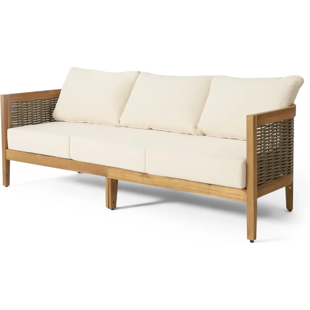 Outdoor Acacia Wood Wicker 3 Seater Sofa, Patio Furniture Conversation Set for Backyard