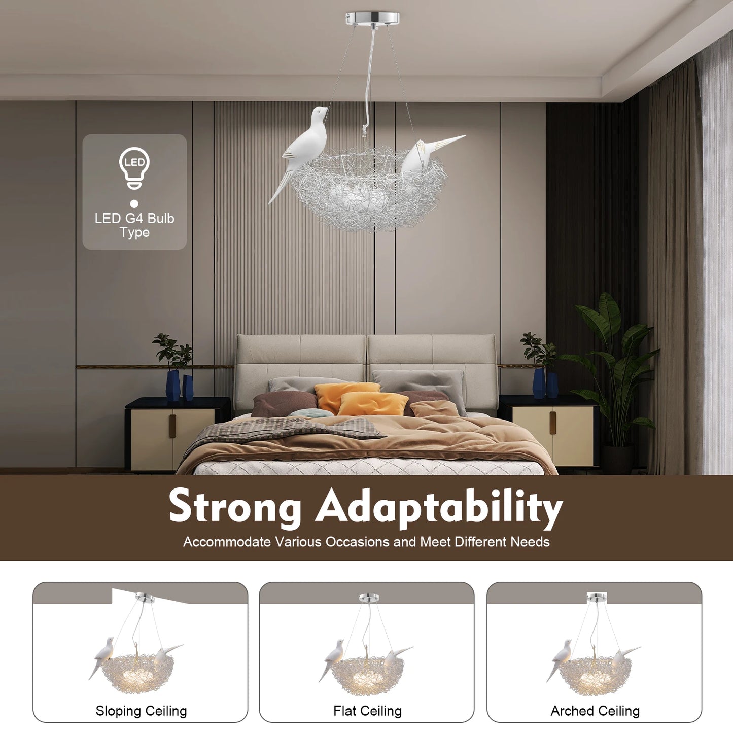 Modern Bird Nest Chandelier LED Ceiling Light 25W 4000K Aluminum Silver for Living Room Dining Room Bedroom Lighting