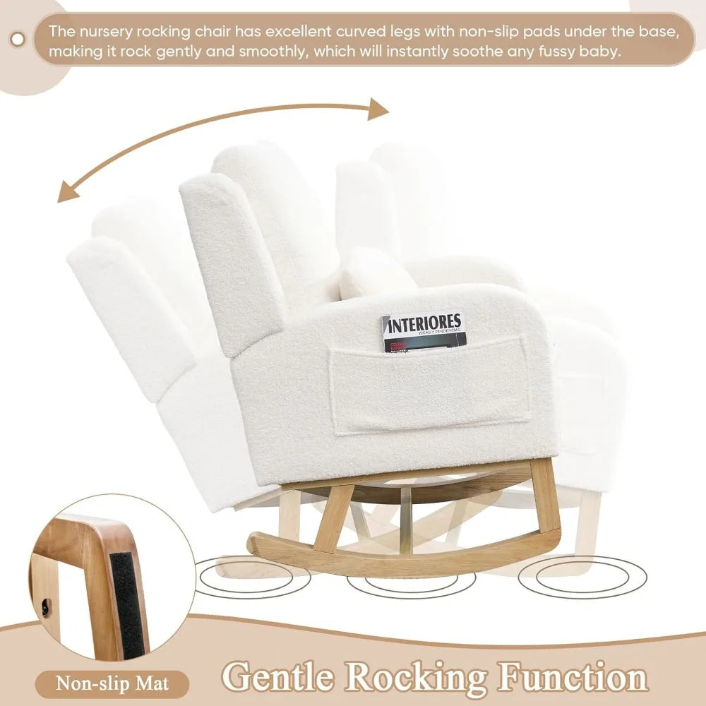 Rocking Glider Chair for Nursery, Wingback Accent Rocker Chair Upholstered Tall Back Arm Chair w/Side Pockets, Modern Leisure
