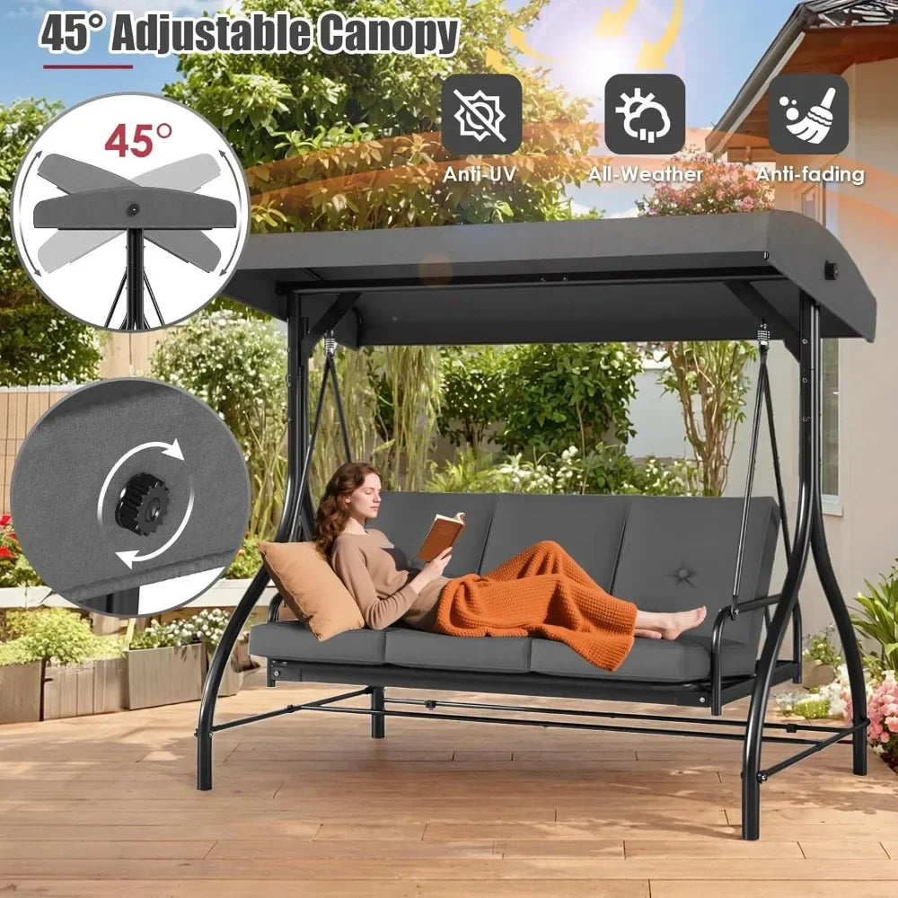 3-Seat Outdoor Patio Swing Chair with Adjustable Canopy And Backrest Adult Porch Swing Bed Thickened for Garden Backyard