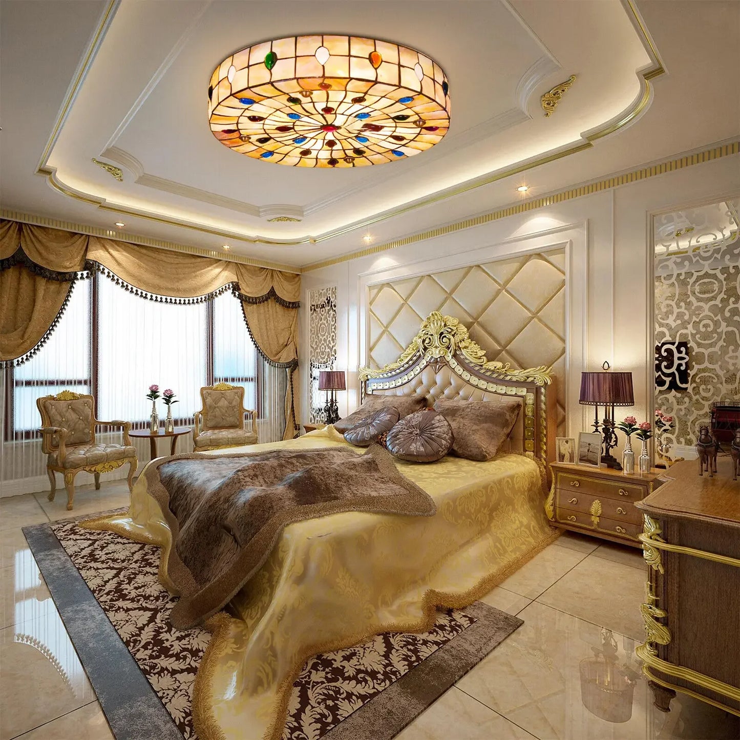 Tiffany Style Semi Flush Ceiling Lamp 3 Bulb Capacity E26 Socket Handmade Stained Glass Shade for Home Decoration Lighting