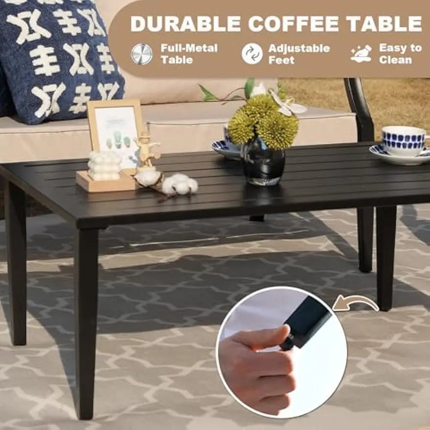 4-Piece Patio Furniture Set, Wider Outdoor Metal Seating Sofa with High Back & Loveseat, Coffee Table, All Weather Metal Convers