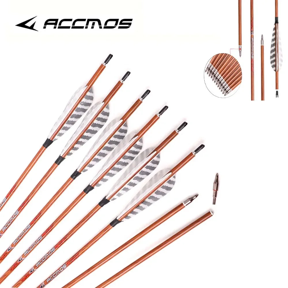 Wood Skin Carbon Arrows ID6.2 Spine 400 500 600 700 With 4" Real Feather for Longbow Recurve Bow 12pc