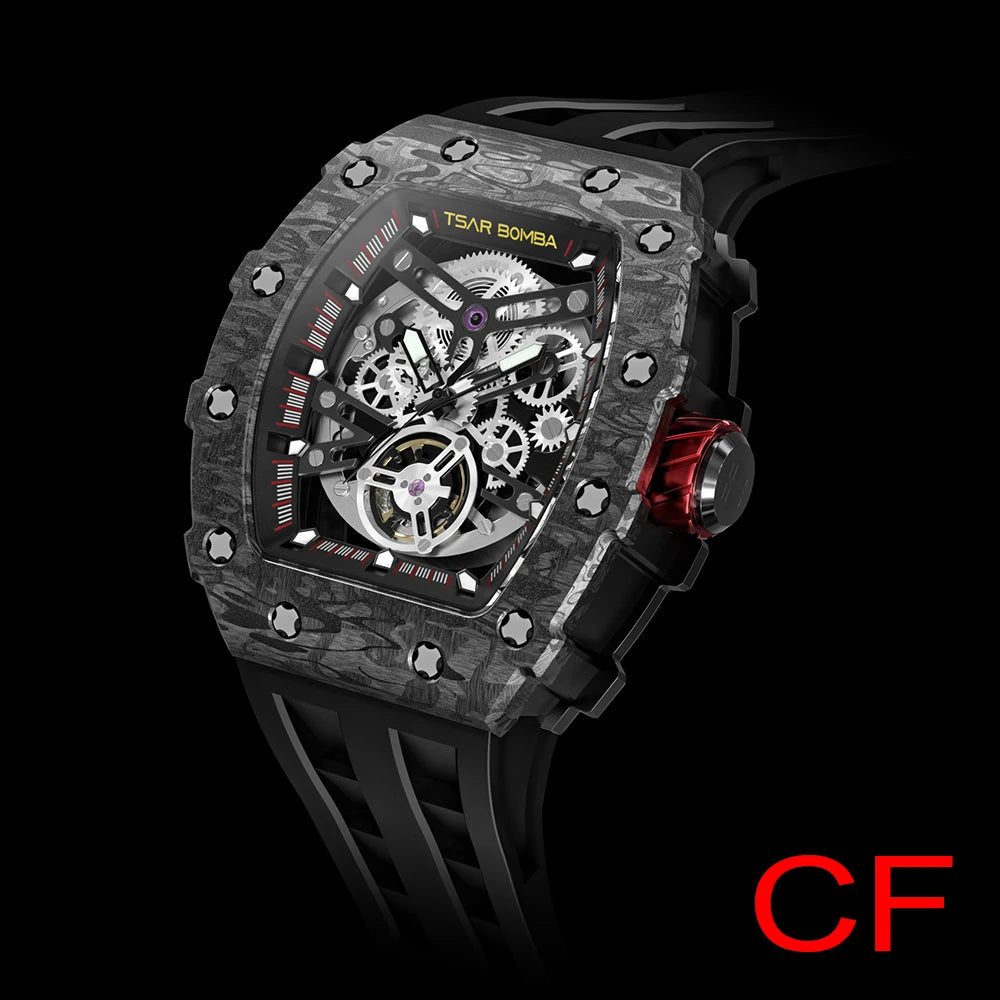TSAR BOMBA 2022 Luxury Mens Automatic Watch Waterproof Carbon Fiber Clock Tonneau Skeleton Mechanical Wrist Watch for Men