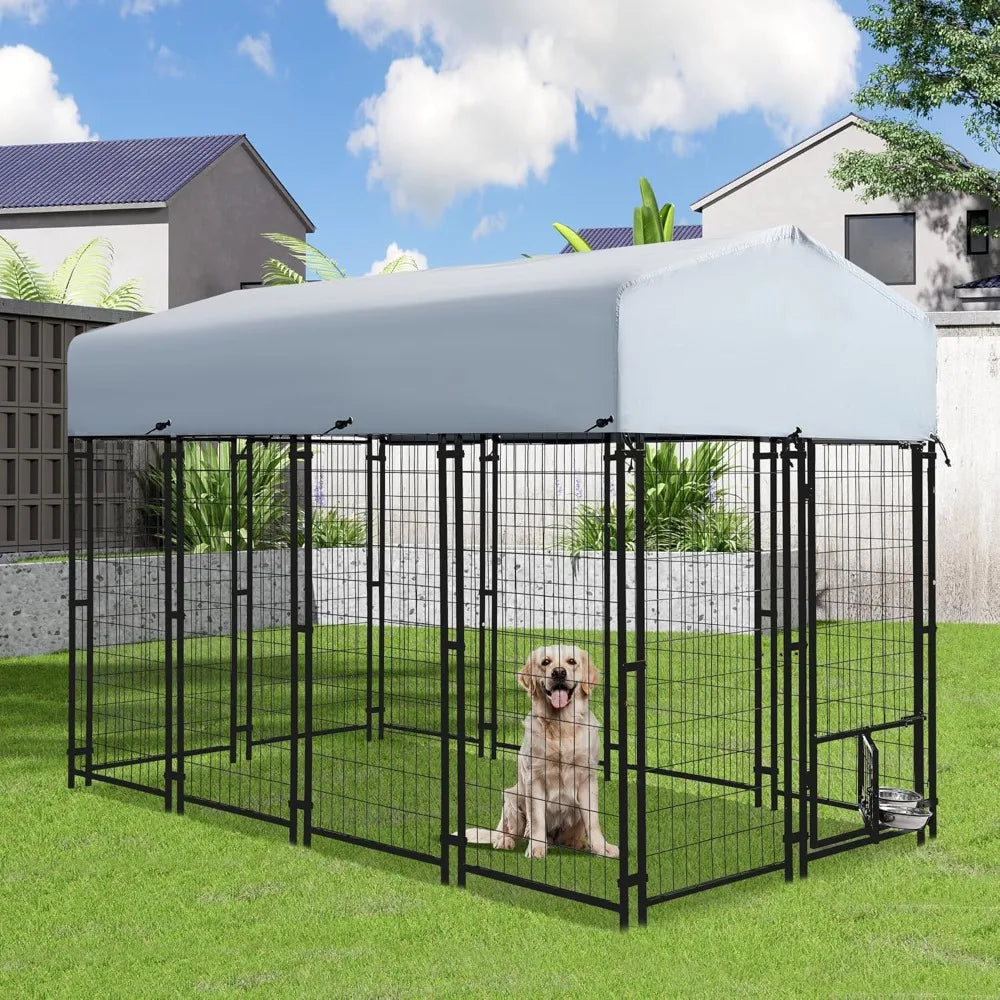 8x4x6 FT Outside Large Dog Kennel with roof - Outdoor Heavy Duty Welded Wire Steel Dog Playpen with Rotating Bowls, Dog Run Encl